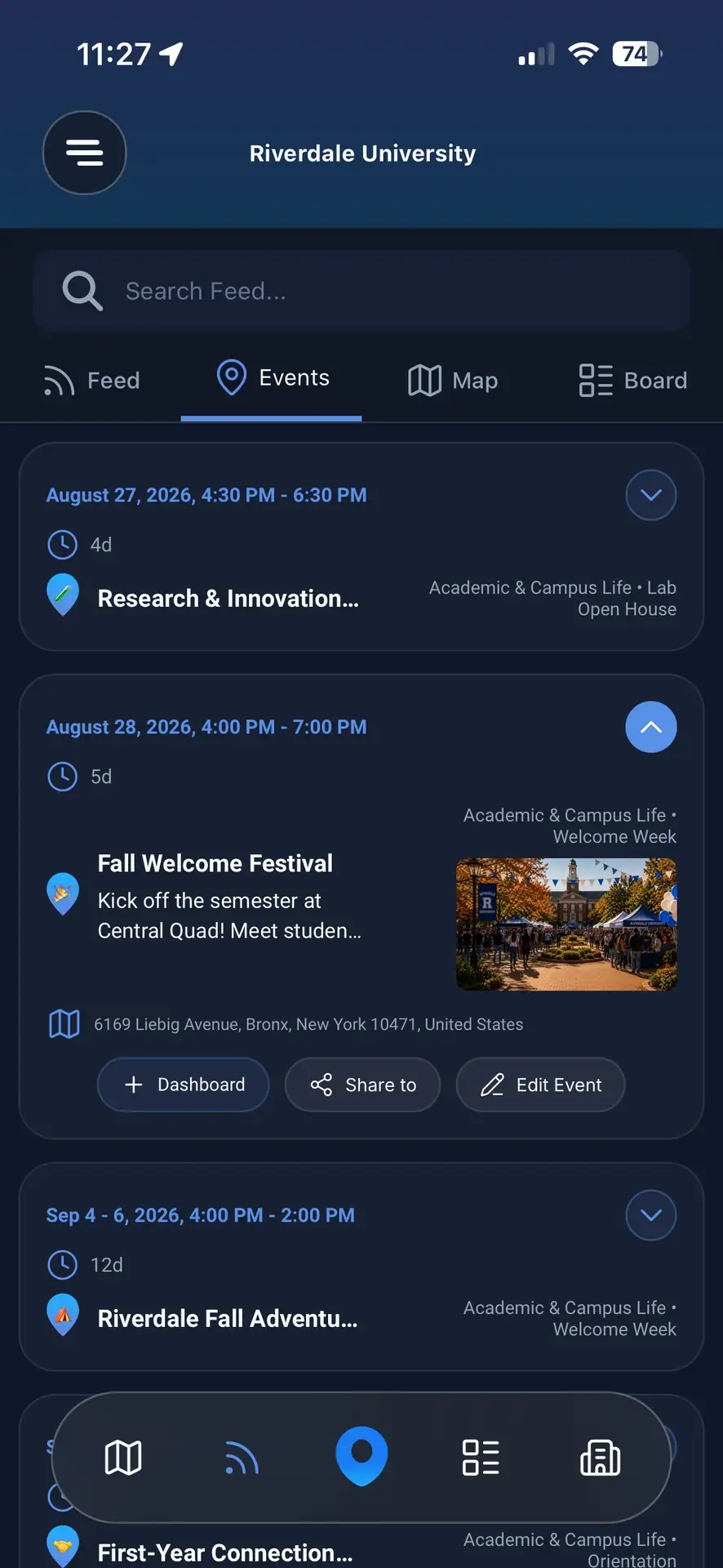 Venue campus administration dashboard for centralized university communication and community management