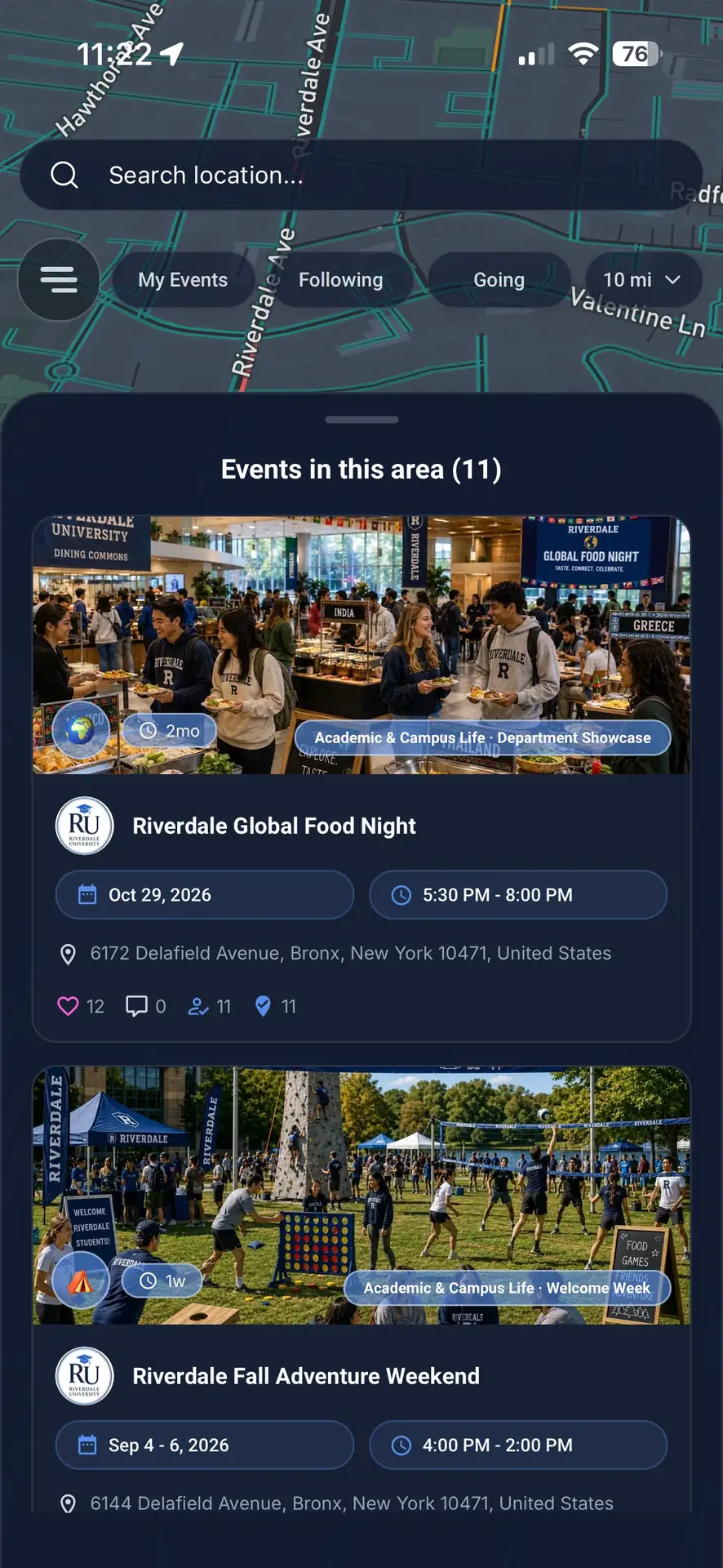 Venue campus event discovery showing university events, dates, times, and locations