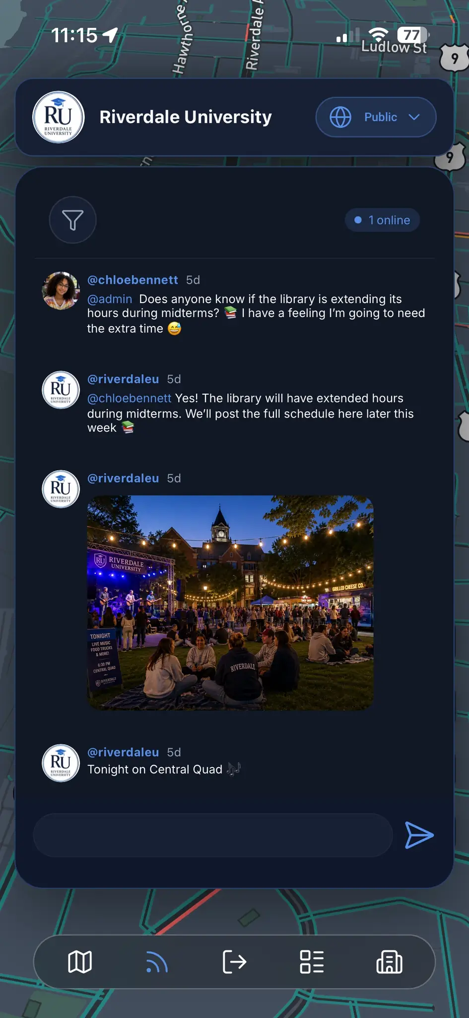 Venue campus community feed with university announcements, conversations, and local events